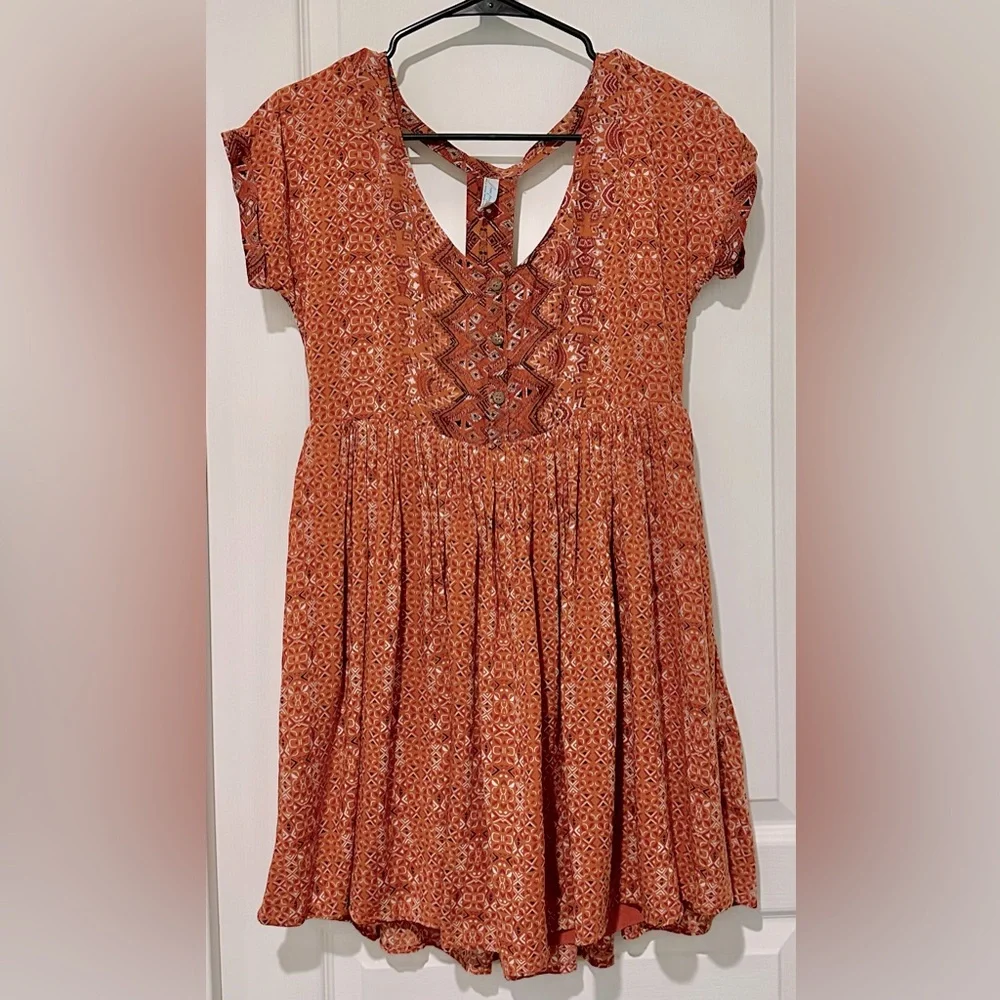 Free People Sundown Boho Babydoll Mini Dress Orange Combo ZB1